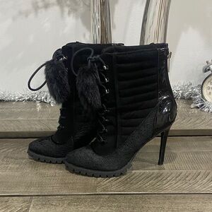 June Ambrose Chic Black Heeled Boots with Fur Details